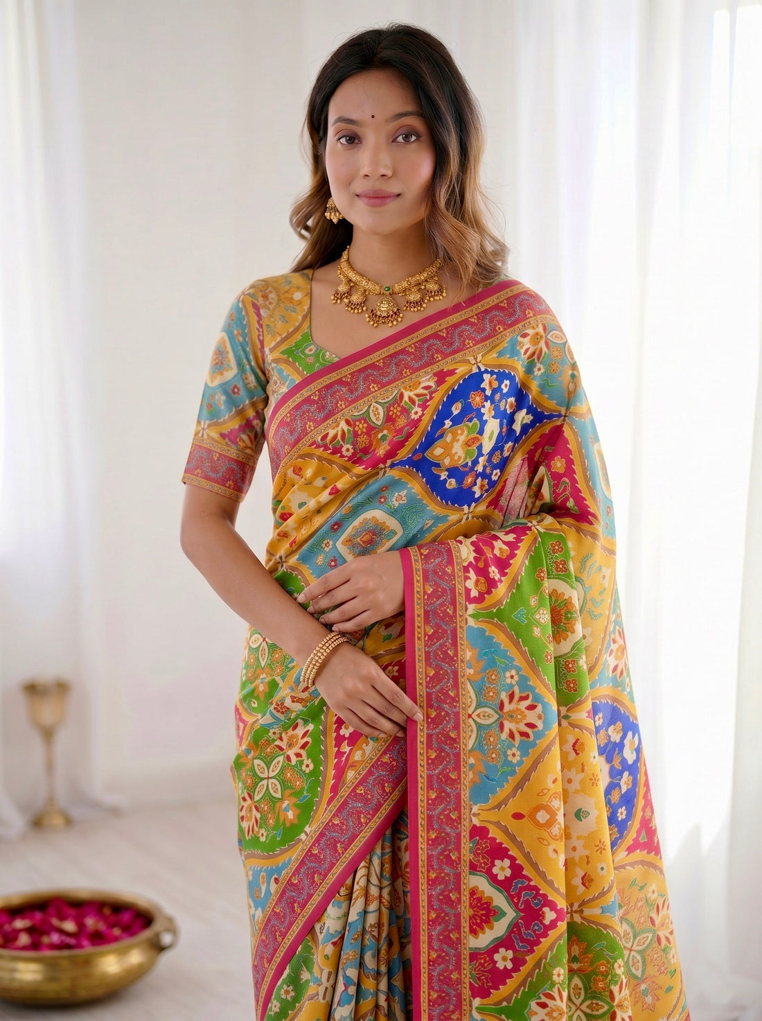 Multicolor Floral Mosaic Modal Silk Saree with Artistic Heritage Prints & Designer Border