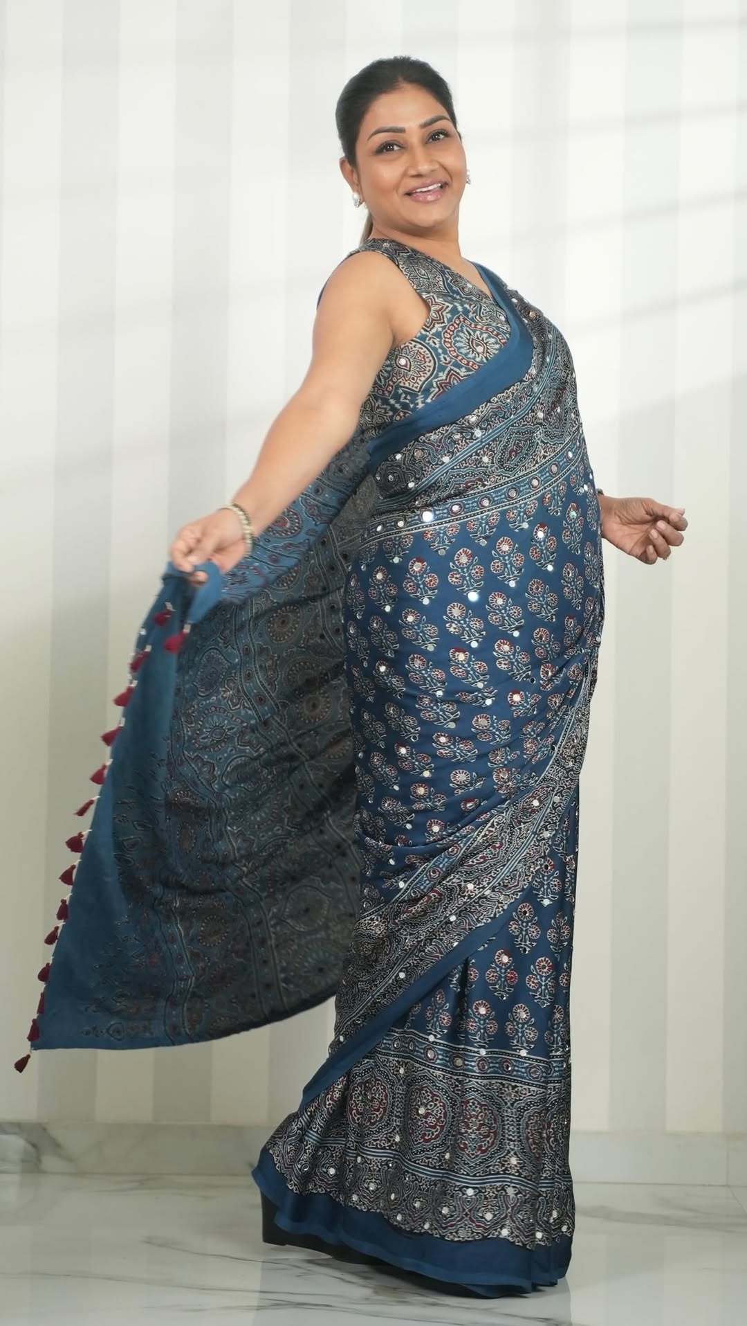 Ajrakh Print Saree Steel Blue Modal Silk with Floral Motifs, Designer Pallu & Tassel Border | Traditional Ethnic Wear Saree