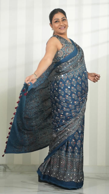 Ajrakh Print Saree Steel Blue Modal Silk with Floral Motifs, Designer Pallu & Tassel Border | Traditional Ethnic Wear Saree
