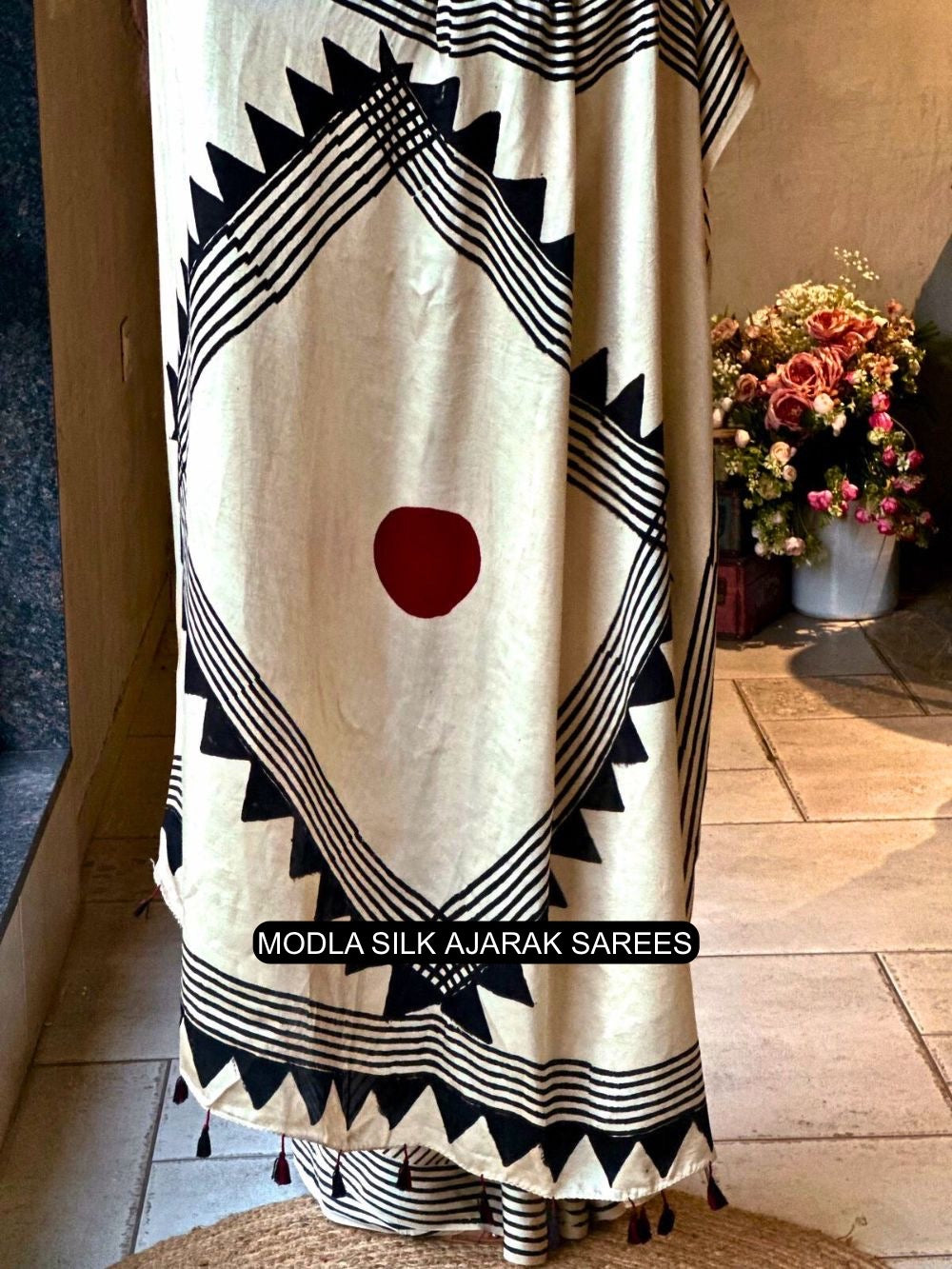 Ajrakh Saree Ivory White & Black Modal Silk Contemporary with Geometric Stripe Pattern, Artistic Statement Pallu & Tassel Detailing