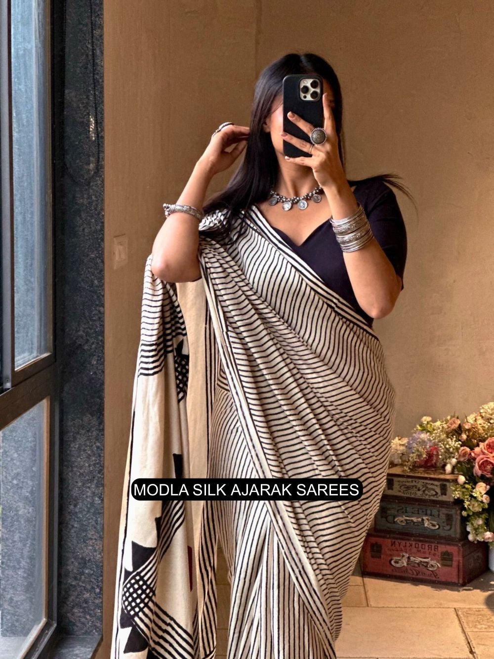 Ajrakh Saree Ivory White & Black Modal Silk Contemporary with Geometric Stripe Pattern, Artistic Statement Pallu & Tassel Detailing