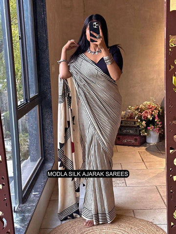 Ajrakh Saree Ivory White & Black Modal Silk Contemporary with Geometric Stripe Pattern, Artistic Statement Pallu & Tassel Detailing