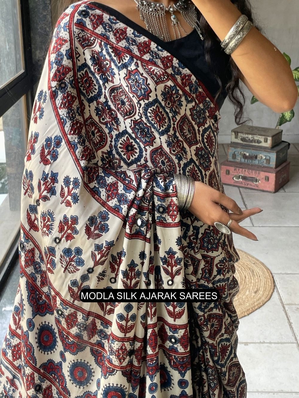Ajrakh Printed Saree Ivory White Modal Silk with Traditional Floral Motifs, Heritage Border & Artistic Ethnic Pallu