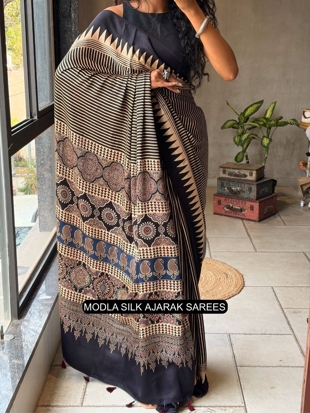 Black & Beige Modal Silk Ajrakh Printed Saree with Geometric Stripes, Heritage Pallu & Tassel Detailing