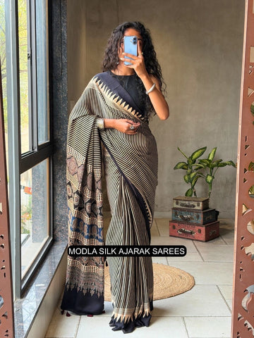 Black & Beige Modal Silk Ajrakh Printed Saree with Geometric Stripes, Heritage Pallu & Tassel Detailing