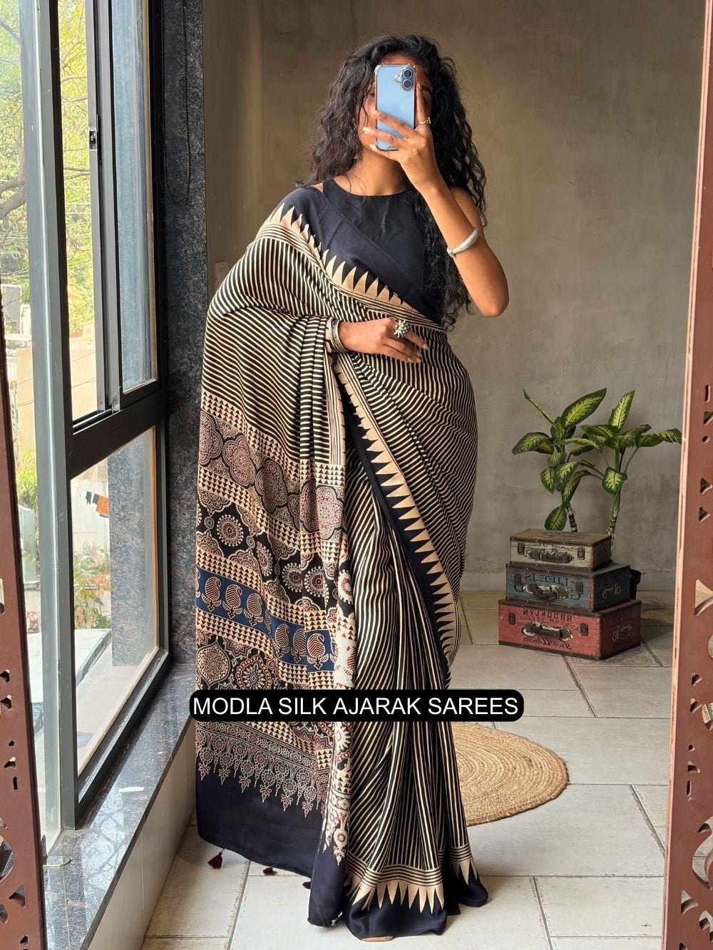 Black & Beige Modal Silk Ajrakh Printed Saree with Geometric Stripes, Heritage Pallu & Tassel Detailing
