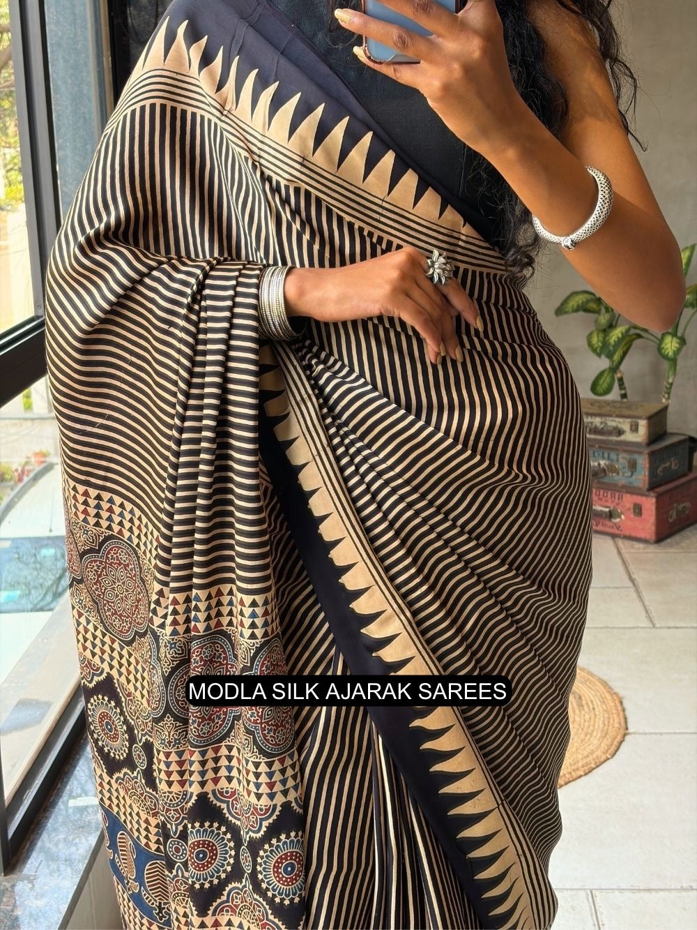 Black & Beige Modal Silk Ajrakh Printed Saree with Geometric Stripes, Heritage Pallu & Tassel Detailing