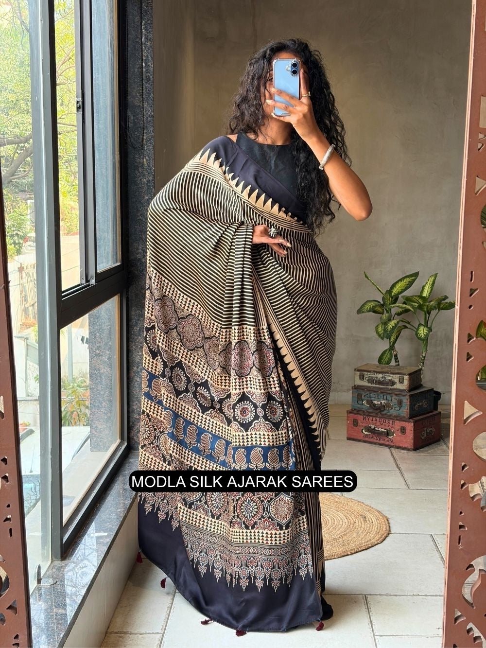 Black & Beige Modal Silk Ajrakh Printed Saree with Geometric Stripes, Heritage Pallu & Tassel Detailing