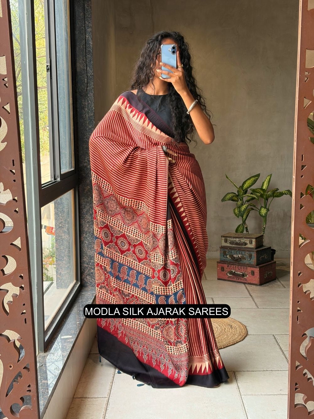 Red & Beige Modal Silk with Striped Design, Heritage Pallu & Tassel Detailing