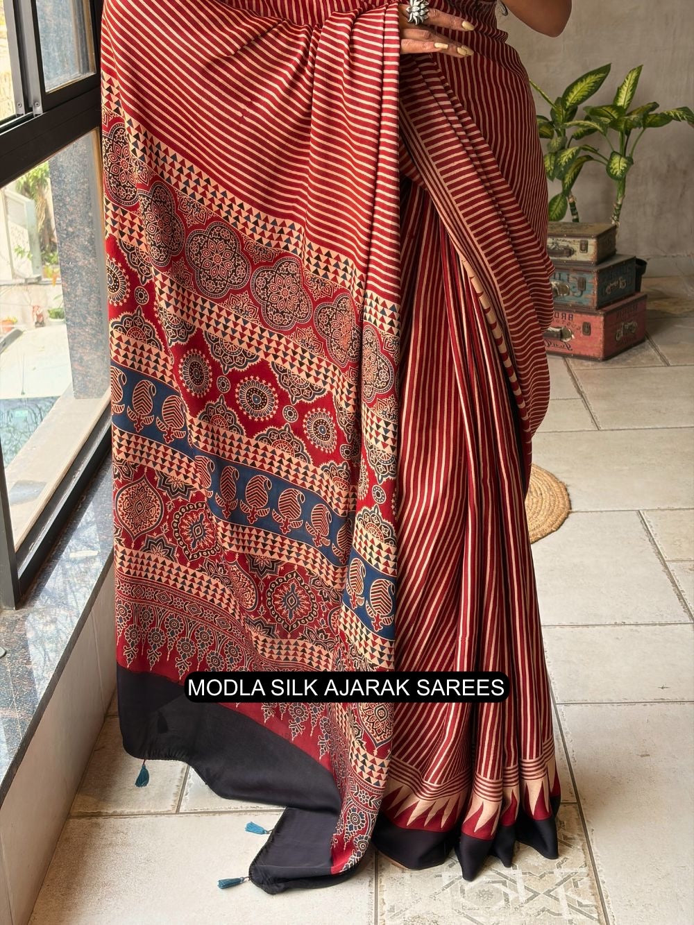 Red & Beige Modal Silk with Striped Design, Heritage Pallu & Tassel Detailing