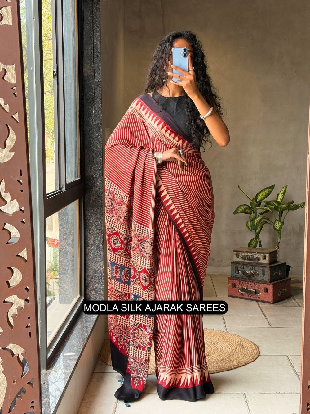 Red & Beige Modal Silk with Striped Design, Heritage Pallu & Tassel Detailing