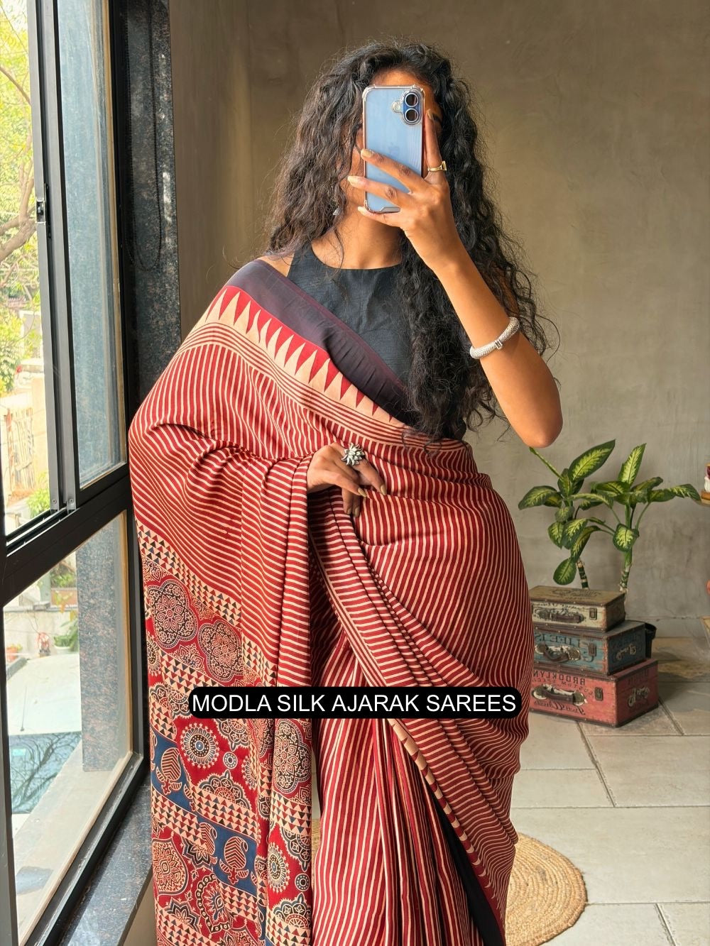 Red & Beige Modal Silk with Striped Design, Heritage Pallu & Tassel Detailing