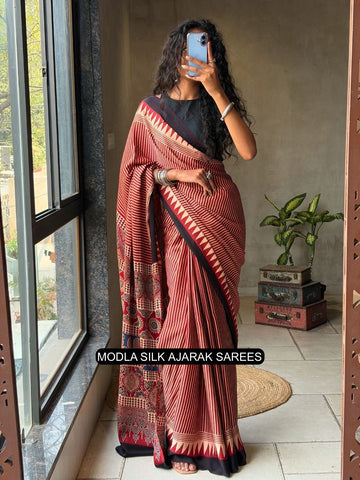 Red & Beige Modal Silk with Striped Design, Heritage Pallu & Tassel Detailing