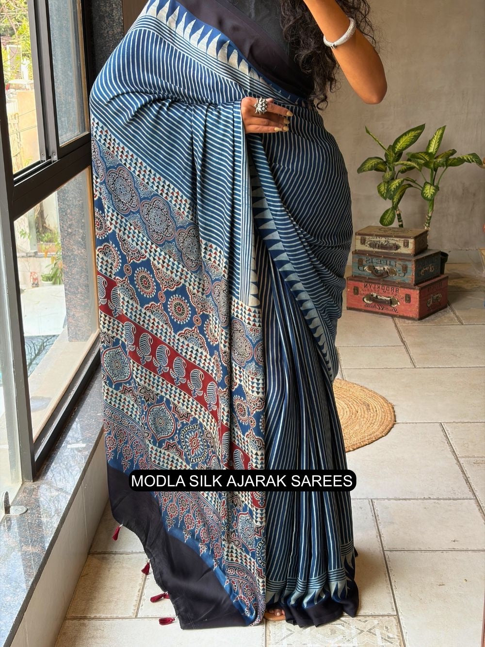Steel Blue Modal Silk Ajrakh Printed Saree with Striped Design, Heritage Pallu & Tassel Detailing