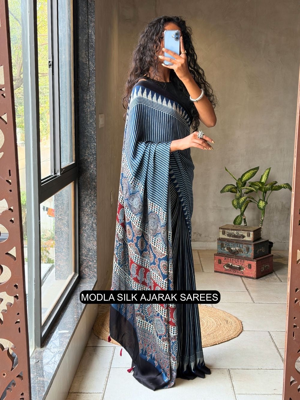 Steel Blue Modal Silk Ajrakh Printed Saree with Striped Design, Heritage Pallu & Tassel Detailing