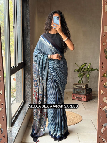 Steel Blue Modal Silk Ajrakh Printed Saree with Striped Design, Heritage Pallu & Tassel Detailing