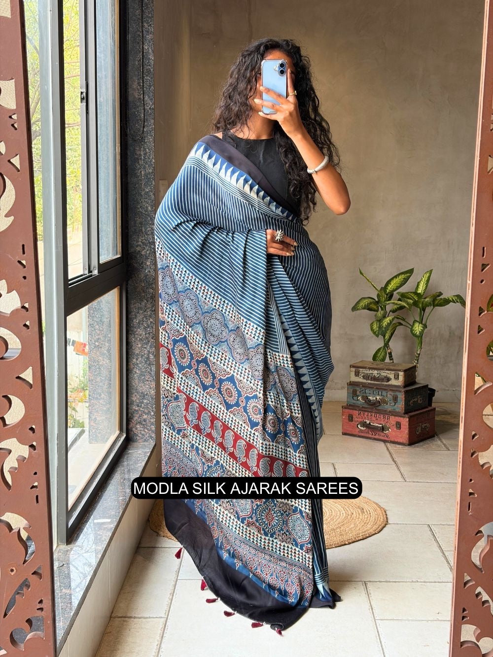 Steel Blue Modal Silk Ajrakh Printed Saree with Striped Design, Heritage Pallu & Tassel Detailing