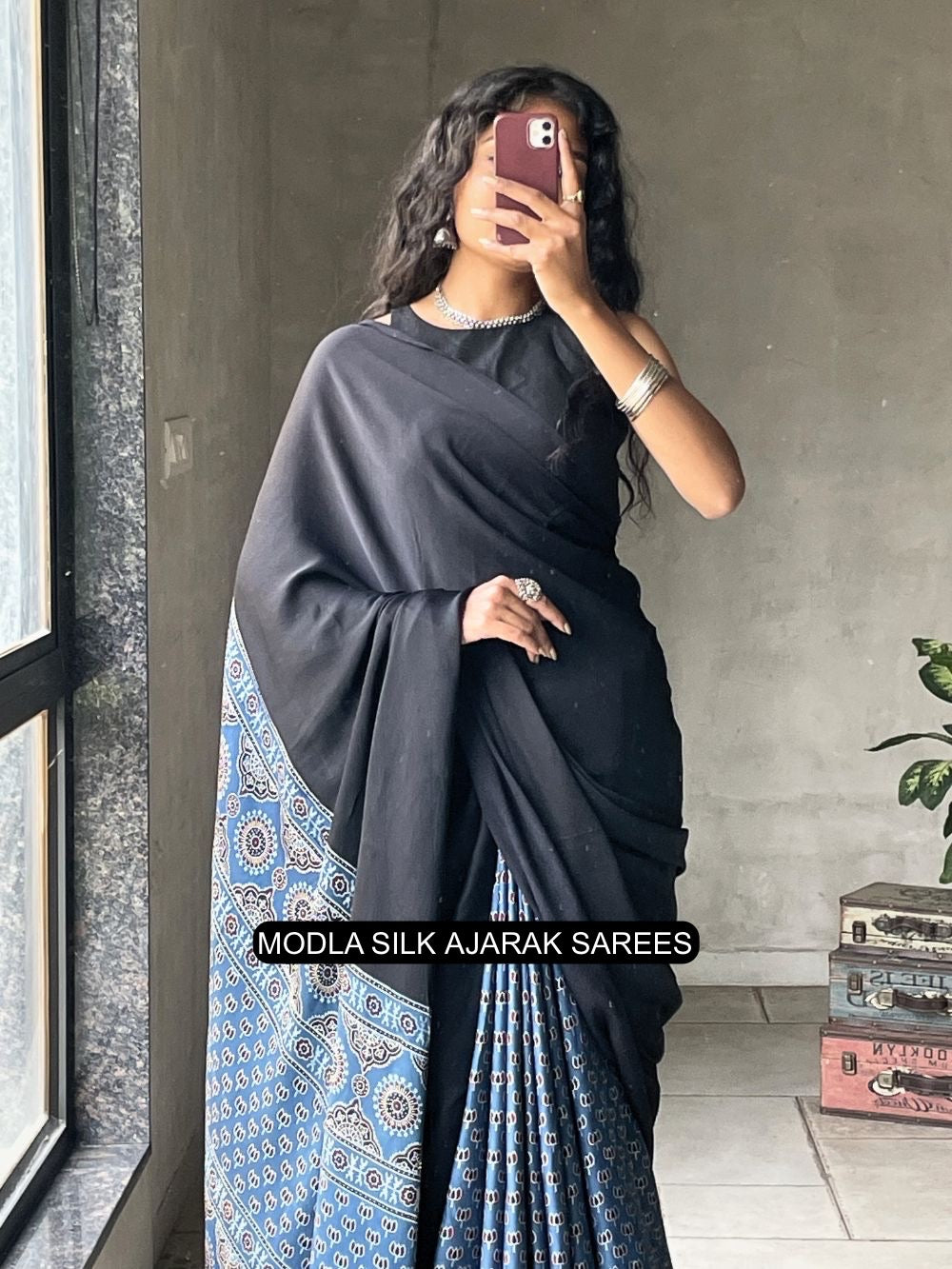 Ajrakh Saree Black & Indigo Blue Modal Silk with Heritage Printed Pallu, Traditional Motifs & Tassel Detailing