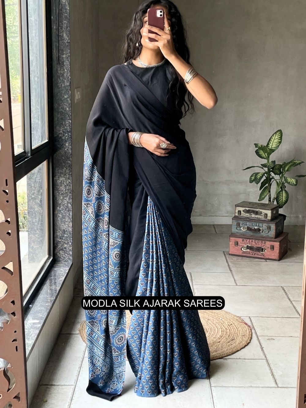 Ajrakh Saree Black & Indigo Blue Modal Silk with Heritage Printed Pallu, Traditional Motifs & Tassel Detailing