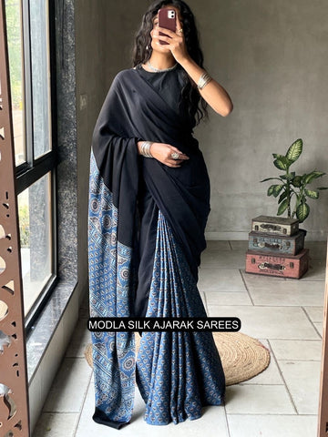 Ajrakh Saree Black & Indigo Blue Modal Silk with Heritage Printed Pallu, Traditional Motifs & Tassel Detailing