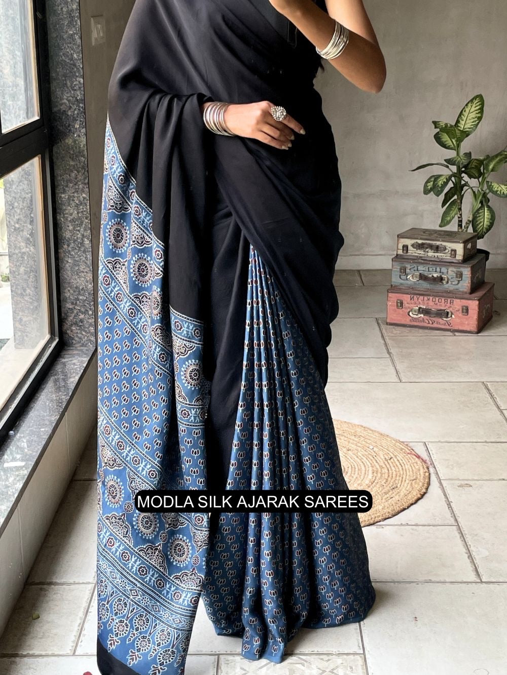 Ajrakh Saree Black & Indigo Blue Modal Silk with Heritage Printed Pallu, Traditional Motifs & Tassel Detailing