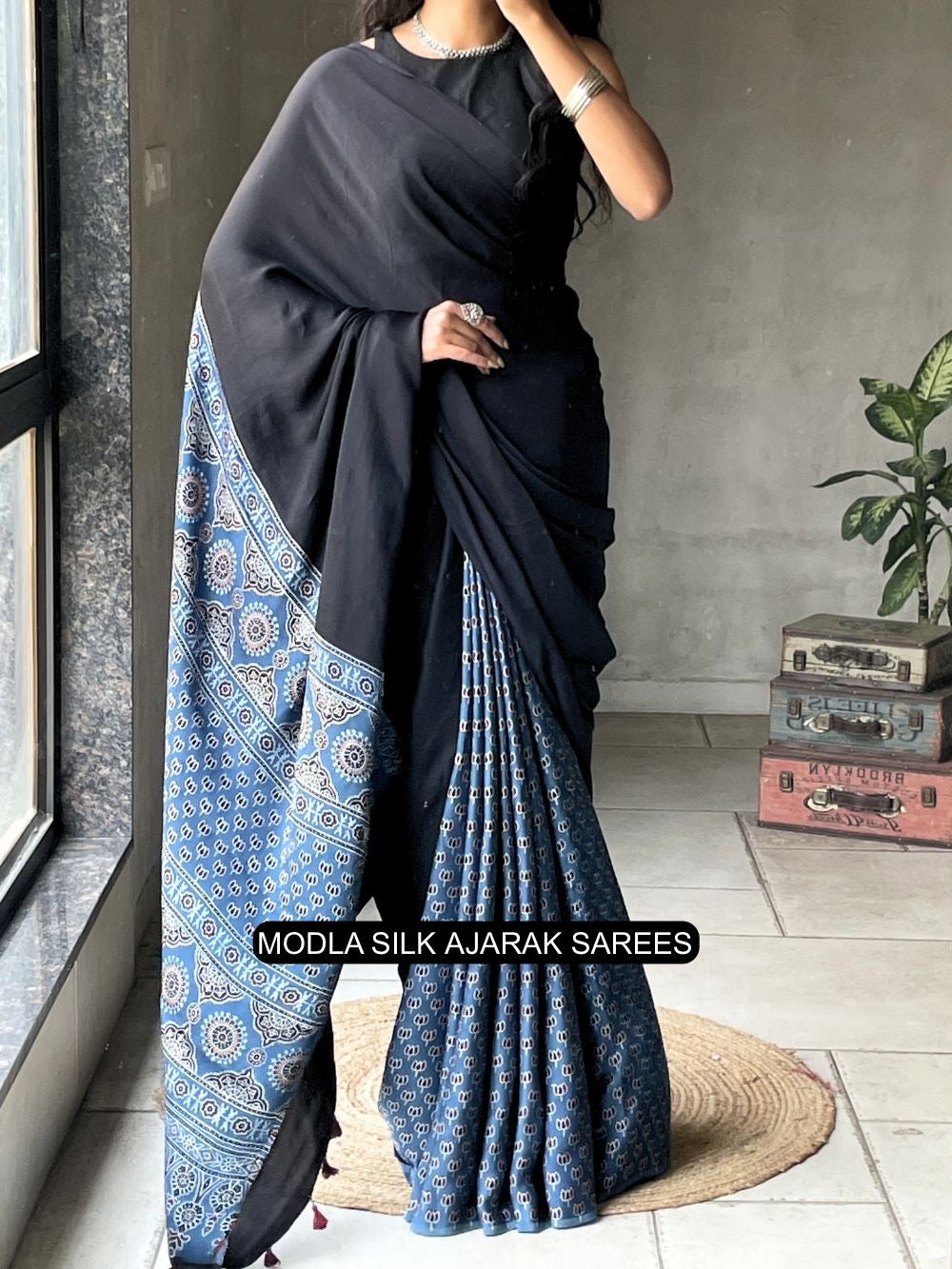 Ajrakh Saree Black & Indigo Blue Modal Silk with Heritage Printed Pallu, Traditional Motifs & Tassel Detailing