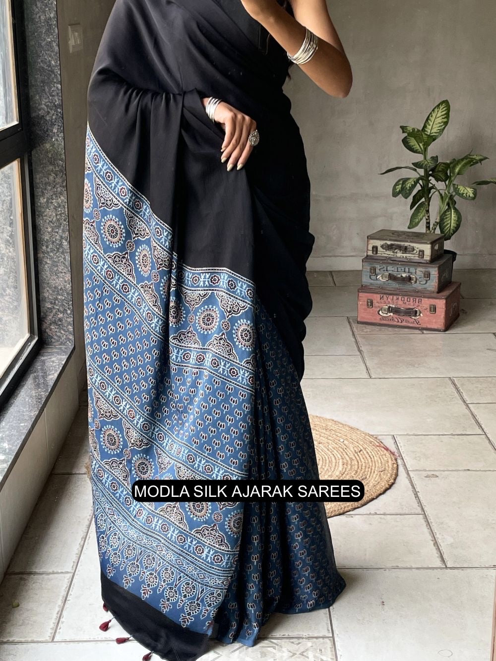 Ajrakh Saree Black & Indigo Blue Modal Silk with Heritage Printed Pallu, Traditional Motifs & Tassel Detailing