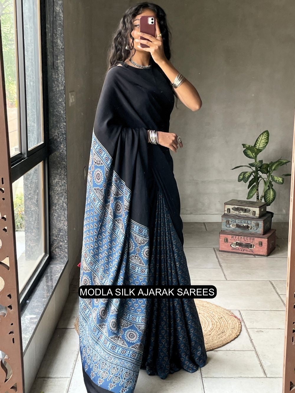 Ajrakh Saree Black & Indigo Blue Modal Silk with Heritage Printed Pallu, Traditional Motifs & Tassel Detailing