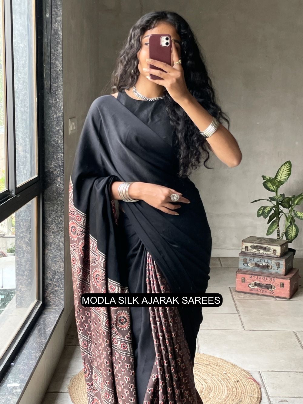 Ajrakh Printed Saree Black Modal Silk with Traditional Heritage Pallu, Intricate Ethnic Motifs & Tassel Detailing