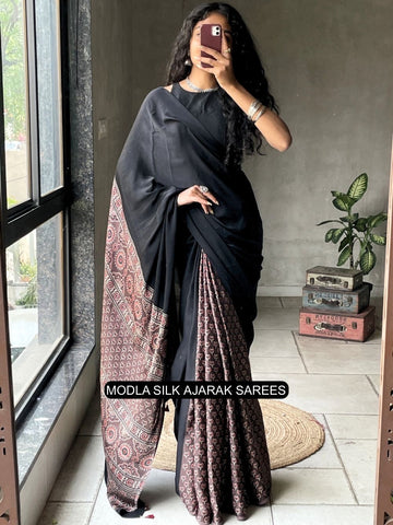 Ajrakh Printed Saree Black Modal Silk with Traditional Heritage Pallu, Intricate Ethnic Motifs & Tassel Detailing