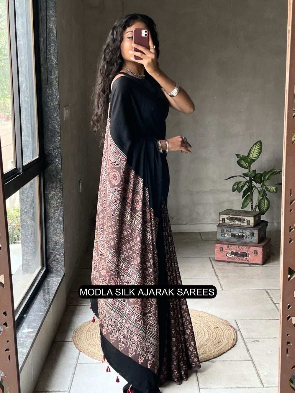 Ajrakh Printed Saree Black Modal Silk with Traditional Heritage Pallu, Intricate Ethnic Motifs & Tassel Detailing