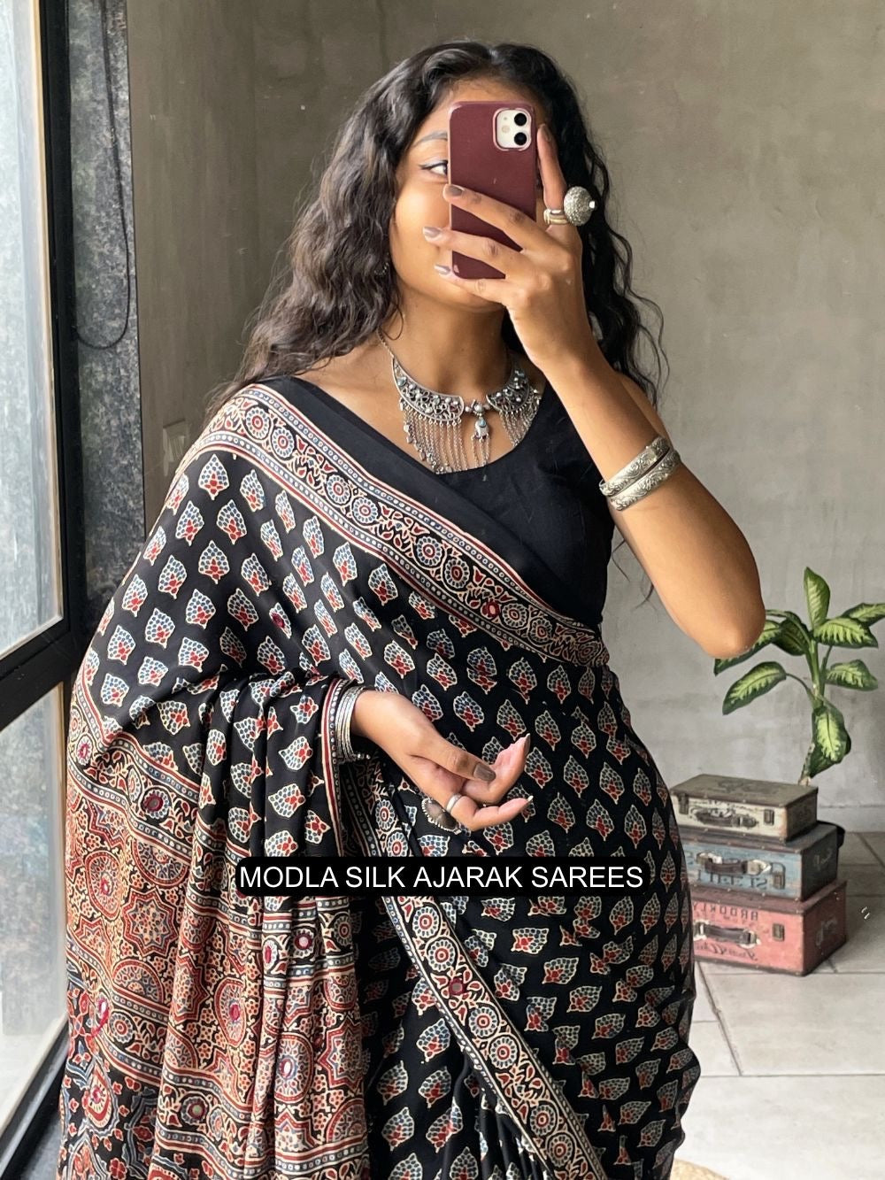 Ajrakh Printed Saree Black Modal Silk with Traditional Buta Motifs, Heritage Artistic Pallu & Intricate Ethnic Border
