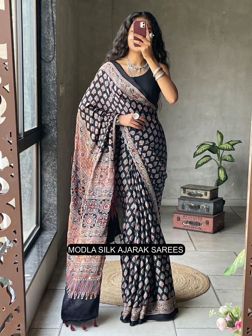 Ajrakh Printed Saree Black Modal Silk with Traditional Buta Motifs, Heritage Artistic Pallu & Intricate Ethnic Border