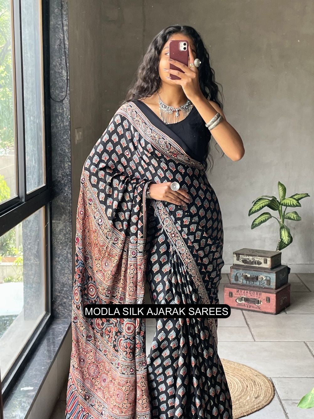 Ajrakh Printed Saree Black Modal Silk with Traditional Buta Motifs, Heritage Artistic Pallu & Intricate Ethnic Border