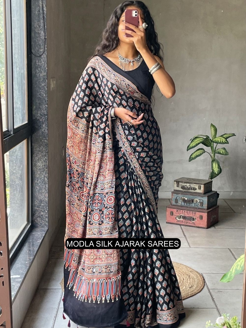 Ajrakh Printed Saree Black Modal Silk with Traditional Buta Motifs, Heritage Artistic Pallu & Intricate Ethnic Border