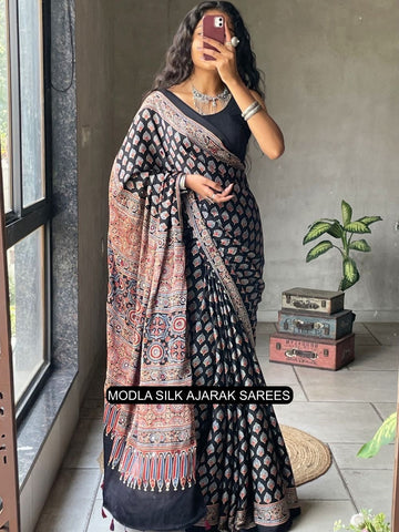 Ajrakh Printed Saree Black Modal Silk with Traditional Buta Motifs, Heritage Artistic Pallu & Intricate Ethnic Border