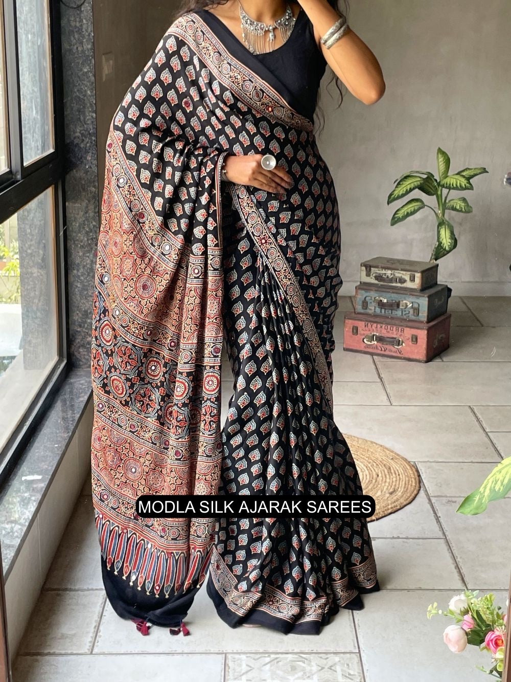 Ajrakh Printed Saree Black Modal Silk with Traditional Buta Motifs, Heritage Artistic Pallu & Intricate Ethnic Border