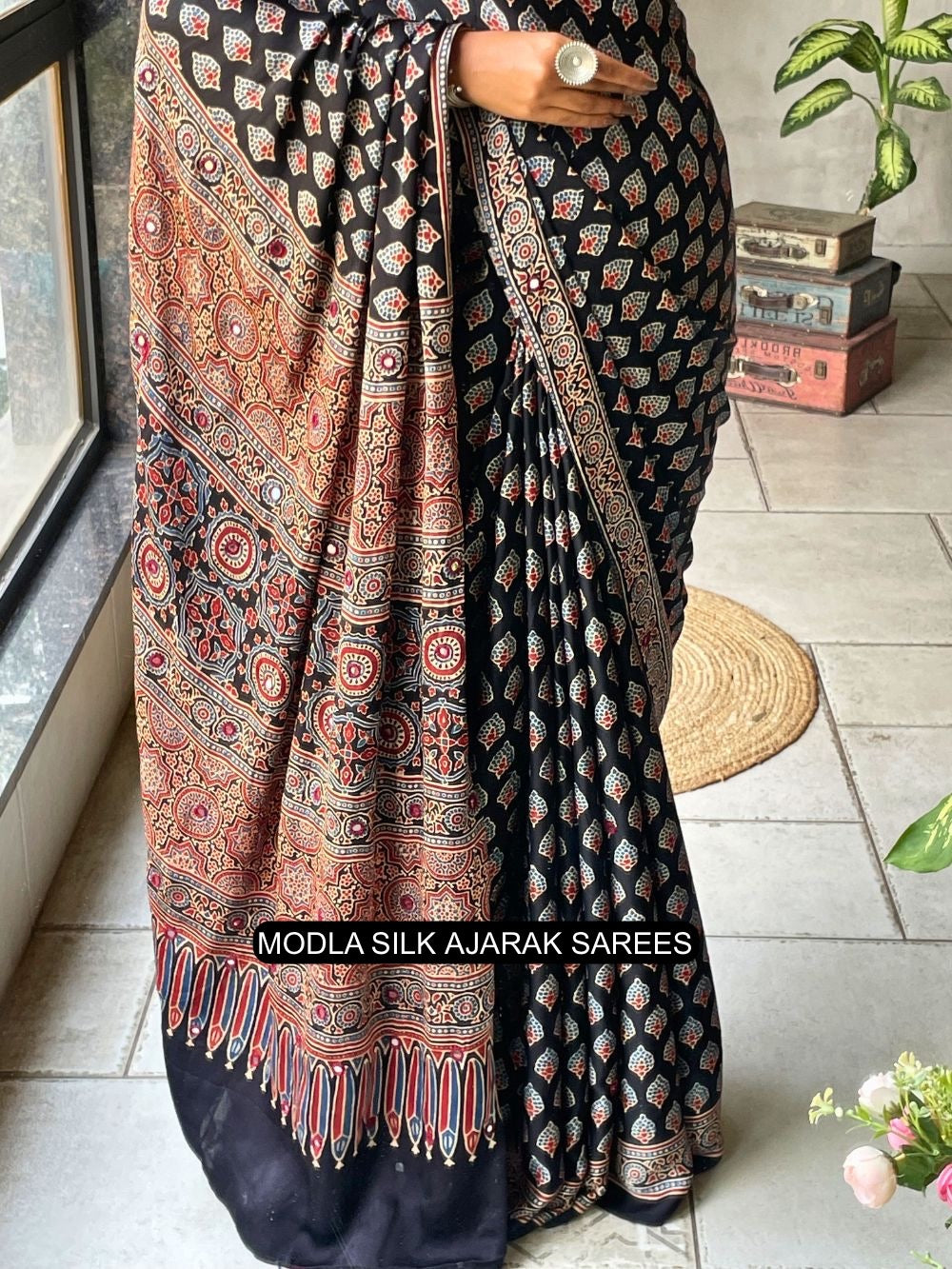 Ajrakh Printed Saree Black Modal Silk with Traditional Buta Motifs, Heritage Artistic Pallu & Intricate Ethnic Border