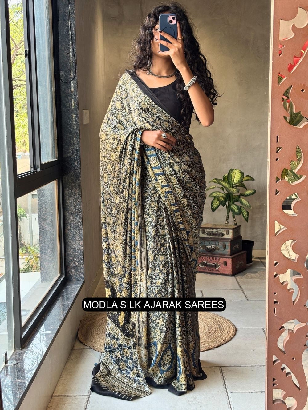 Ajrakh Printed Saree Black Modal Silk with Heritage Geometric Motifs, Traditional Border & Artistic Ethnic Pallu