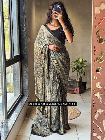 Ajrakh Printed Saree Black Modal Silk with Heritage Geometric Motifs, Traditional Border & Artistic Ethnic Pallu