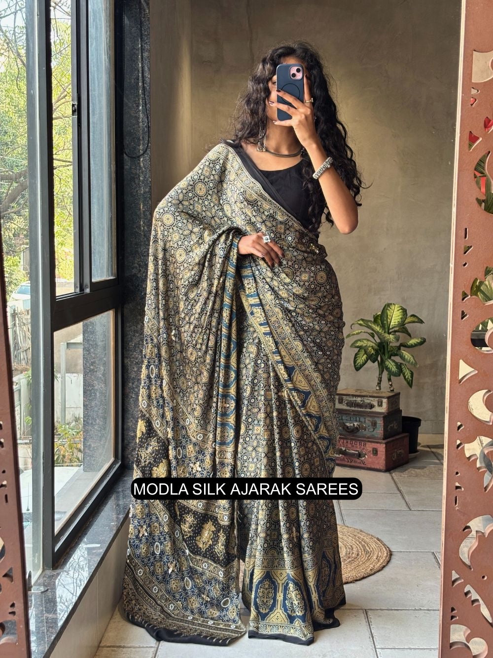 Ajrakh Printed Saree Black Modal Silk with Heritage Geometric Motifs, Traditional Border & Artistic Ethnic Pallu