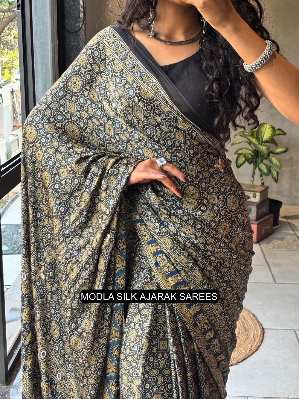 Ajrakh Printed Saree Black Modal Silk with Heritage Geometric Motifs, Traditional Border & Artistic Ethnic Pallu