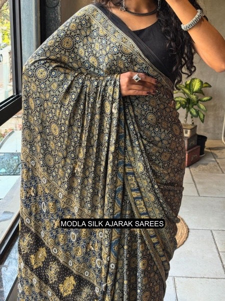 Ajrakh Printed Saree Black Modal Silk with Heritage Geometric Motifs, Traditional Border & Artistic Ethnic Pallu