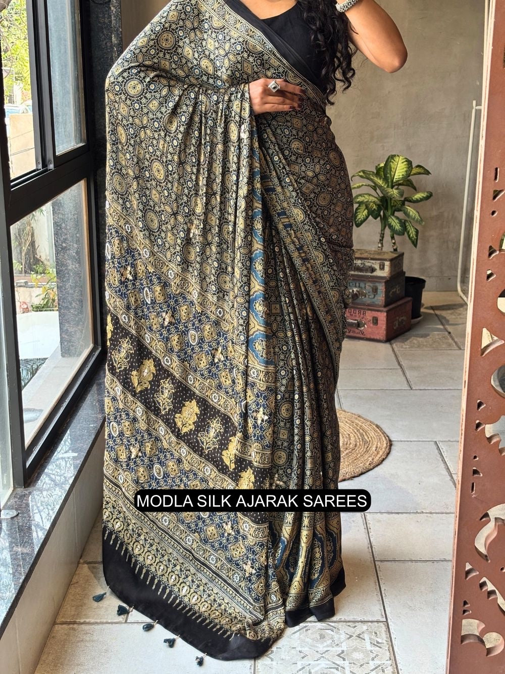 Ajrakh Printed Saree Black Modal Silk with Heritage Geometric Motifs, Traditional Border & Artistic Ethnic Pallu