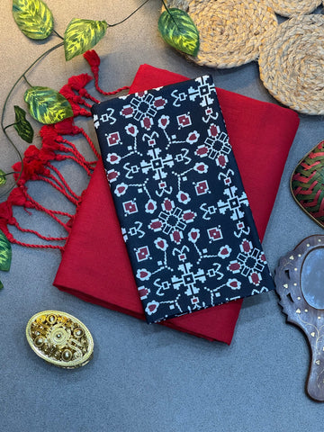 Handwoven Bright Red Khadi Cotton Saree with Black & White Geometric Digital Print Blouse