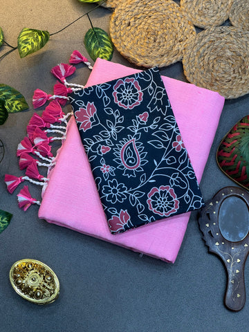 Handwoven Baby Pink Khadi Cotton Saree with Black Floral Digital Print Blouse