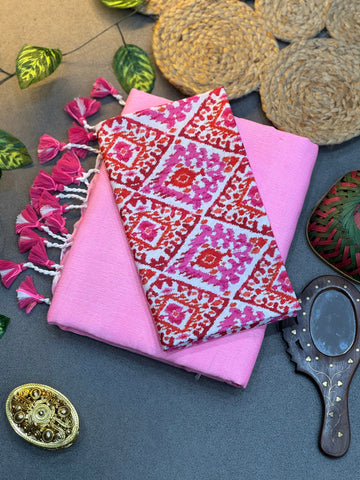 Handwoven Khadi Cotton Saree in Baby Pink with Designer Ikat Print Blouse Fabric