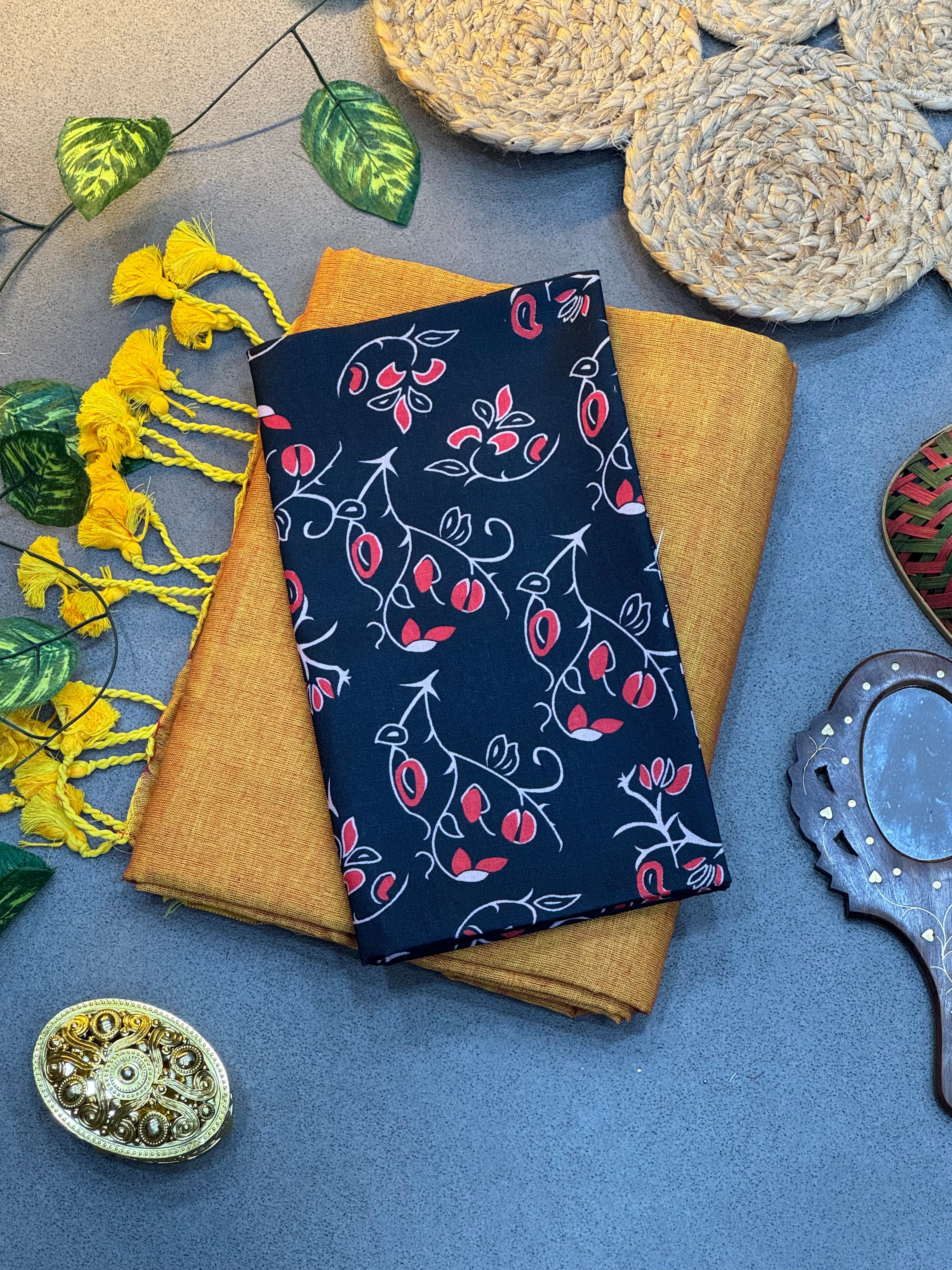 Handwoven Mustard Yellow Khadi Cotton Saree Paired with Black Red Floral Digital Blouse