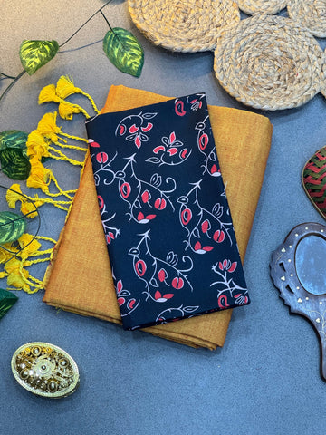 Handwoven Mustard Yellow Khadi Cotton Saree Paired with Black Red Floral Digital Blouse