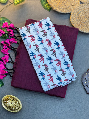 Handwoven Wine Khadi Cotton Saree with Multicolor Elephant Digital Print Blouse